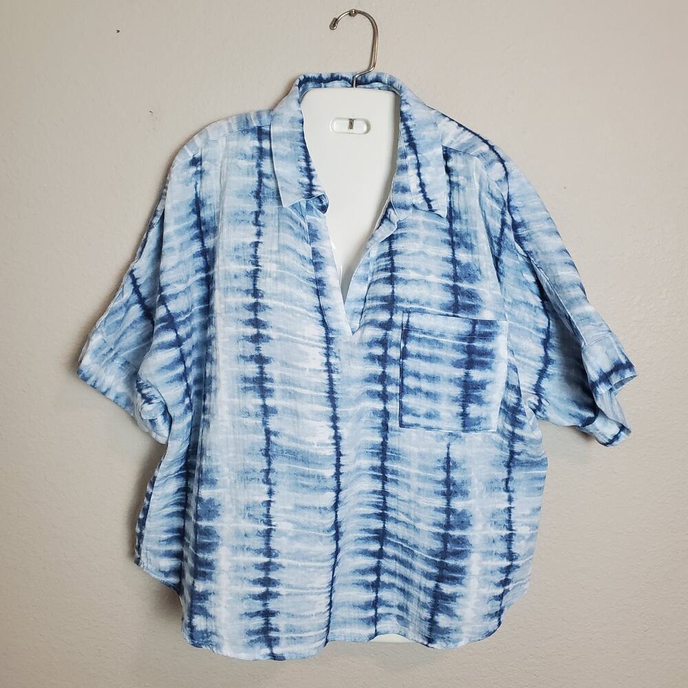 Chico’s Blue Tie-Dye Short Sleeve Button Front Top Women Size 3 XL/16